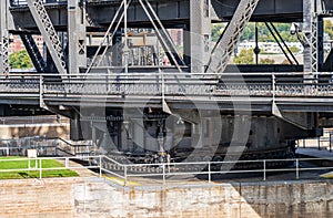 Massive swing span of Arsenal Bridge detail of gears