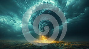 A Massive Tornado of Fire and Lightning in a Dark Landscape