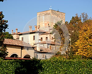 Massive tower and other buildings in an architectural complex that is located in the province of Padua in Veneto (Italy)