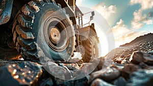 A massive truck with formidable wheels drives through a challenging rocky road on a construction site