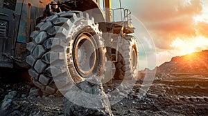 A massive truck, kicking up dust and gravel, rumbles down a rugged dirt road on a mission through the construction site