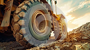 A massive truck navigates a rugged, rocky road on a construction site, dwarfed by the challenging landscape