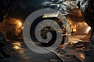 A massive truck plows through a tunnel obstructed with rocks on its way to its destination, underground mining tunne, AI Generated