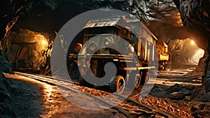 A massive truck plows through a tunnel obstructed with rocks on its way to its destination, underground mining tunne, AI Generated