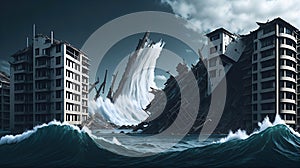 massive tsunami wave flooding big city