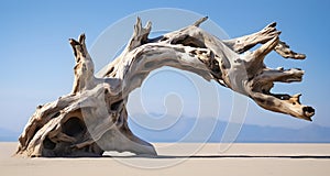 Massive twisted broken bleached tree trunk sculpture on sandy beach wall art