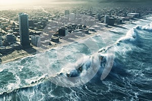 A massive wall of water crashes onto the shore of a coastal city, buildings and infrastructure no match for the