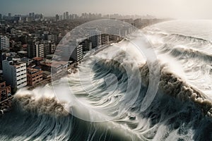 A massive wall of water crashes onto the shore of a coastal city, buildings and infrastructure no match for the