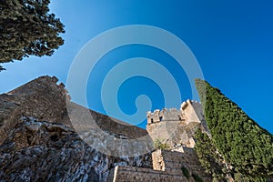 Massive Walls of castle in Lindos, Greece