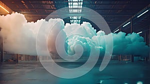 A massive warehouse filled with billowing smoke, creating a hazy atmosphere, Visualization of cloud storage as a large warehouse