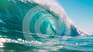 A massive wave breaks forcefully, creating a dramatic display of power and energy in the ocean, Barrel wave breaking on a sunny