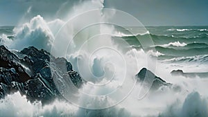 A massive wave crashes forcefully against a rugged formation of rocks in the ocean, Stormy sea with waves crashing over rocks