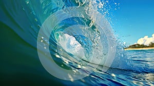 A massive wave crashes forcefully and sprays water into the air as it breaks over the ocean, adjacent to a sandy beach, Barrel