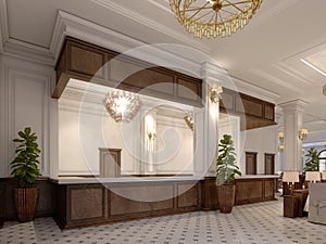 Massive wooden reception desk in the elegant interior of a luxury hotel