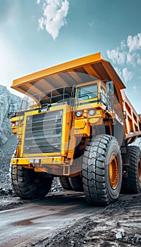 Massive yellow anthracite coal mining truck in open pit mining industry operation photo
