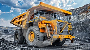 Massive yellow anthracite coal mining truck in operation at open pit mine industry site