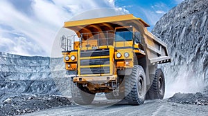 Massive yellow coal anthracite mining truck in operation at open pit mining site photo