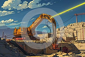 A massive yellow excavator dominates the construction site, ready for heavy-duty earth-moving tasks, A detailed depiction of a