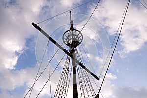 Mast of motor sailboat Karaka in port of Dubrovnik,