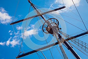 Mast of old sailing ship against sky