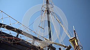 Mast of a pirate ship. Old wooden ship. Close-up