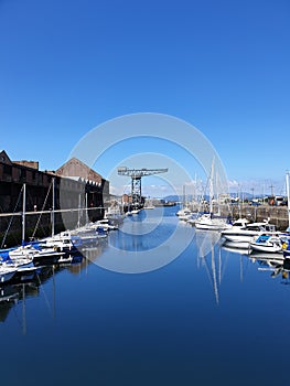 Mast reflections at the James Watt Dock marina