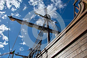 Mast of the replica of the caravel Santa Maria docked in Baiona, Pontevedra, Spain