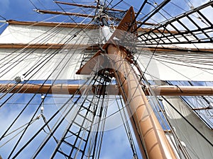 Mast rigging and sail of tallship photo