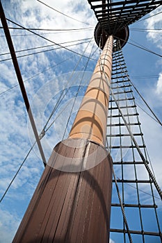 Mast on a sailing wooden ship