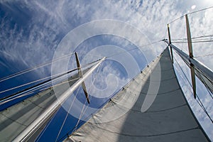 Mast of sailing yacht against the blue sky at sunny day