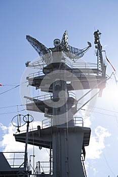 Mast warship. The lightning arresters and antenna shortwave and longwave data. radar air surveillance..