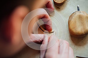 Master artisan luthier working on the creation of a violin. painstaking detailed work on wood.