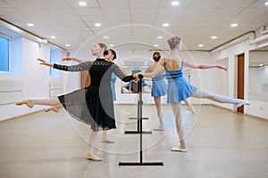Master and ballerinas, exercise at barre in class