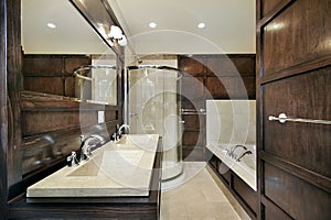 Master bath with wood paneling