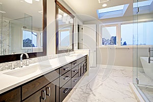 Master bathroom interior with double vanity cabinet