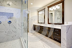 Master bathroom interior with double vanity cabinet