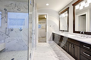 Master bathroom interior with double vanity cabinet