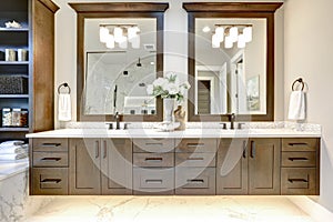 Master bathroom interior in luxury modern home with dark hardwood cabinets, white tub and glass door shower