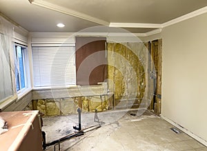 Master bathroom tear down with shower, wall and tub removed for remodel