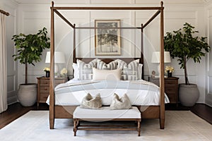 a master bedroom with a four-poster bed, white linens, and wooden nightstands