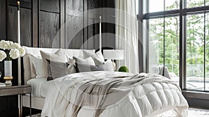 In the master bedroom a luxurious fourposter bed takes center stage against a feature wall of rich dark wood paneling