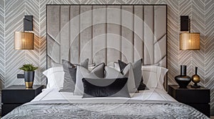 In the master bedroom a plush grey velvet headboard stands out against a wall covered in geometric patterned wallpaper