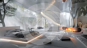 In the master bedroom the smart glass walls transform into a floorlength mirror with just a swipe creating a futuristic