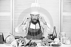 Master chef concept. Culinary is exciting. Chef handsome hipster. Get ready. Man bearded chef getting ready cooking