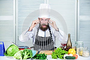 Master chef concept. Culinary is exciting. Chef handsome hipster. Get ready. Man bearded chef getting ready cooking