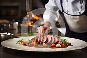 Master chef cook man hands precisely cooking dressing preparing tasty fresh delicious mouthwatering gourmet dish food on