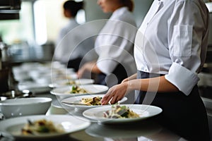 Master chef cook woman hands precisely cooking dressing preparing tasty fresh delicious mouthwatering gourmet dish food