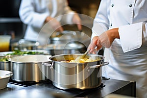 Master chef cook woman hands precisely cooking dressing preparing tasty fresh delicious mouthwatering gourmet dish food