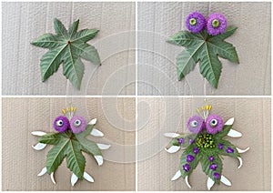 Master class, step by step how to make an octopus from leaves and flowers, kids craft