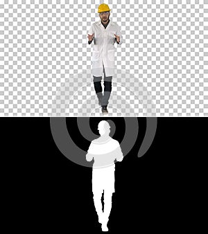 Master Constructor Engineer Man have a Positive Talking Camera Presentation, Alpha Channel